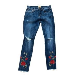 DRIFTWOOD Dark Blue Distressed Jeans with Red Floral Embroidery